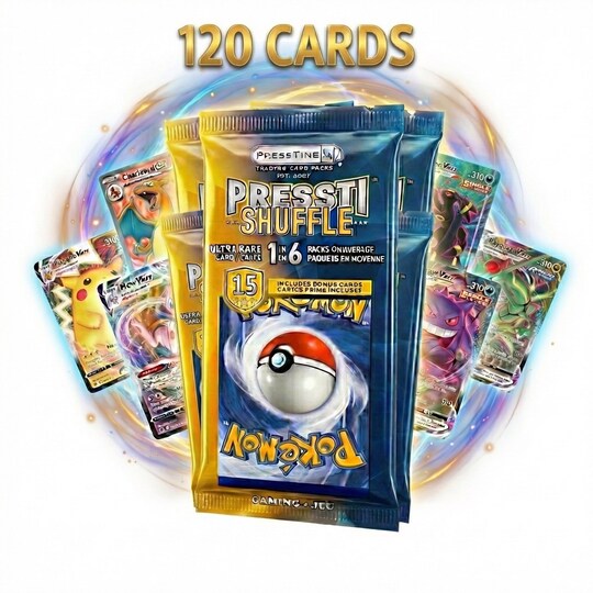 Pack of 8 Presstine Pokemon PresstiShuffle 15-Card Packs - 120 Cards Total, Color: Black, Size: Standard | Michaels Pack of 8 Presstine Pokemon PresstiShuffle 15-Card Packs - 120 Cards Total, Color: Black, Size: Standard | Michaels